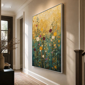 Golden Meadow Song in a refined entry hall with silver frame