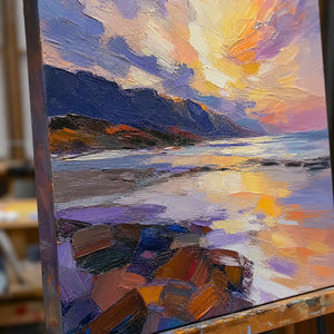 Close-up detail of Violet Summit Glow showing hand-painted texture and part of the frame