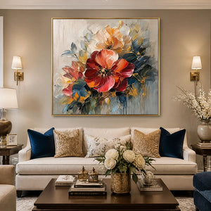 Scarlet Bloom in a refined living room with gold frame
