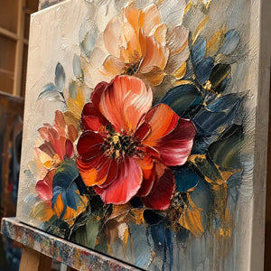 Close-up detail of Scarlet Bloom showing hand-painted texture and part of the frame