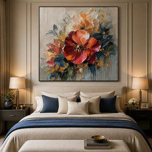 Scarlet Bloom in a refined bedroom with black frame