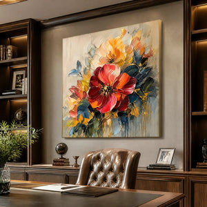 Scarlet Bloom in a refined office, frameless