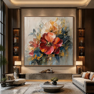 Scarlet Bloom in a refined hotel interior with wood frame