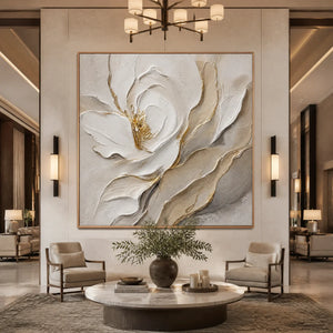 Ivory Magnolia Relief in a refined hotel interior with wood frame