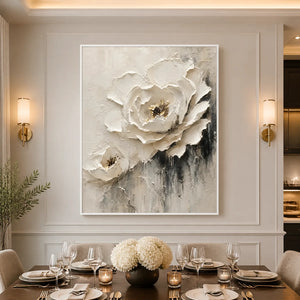 Ivory Rose Relief in a refined dining room with white frame