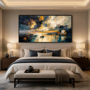 Midnight Harbor Light in a refined bedroom with black frame