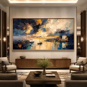 Midnight Harbor Light in a refined hotel interior with wood frame