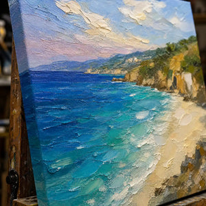 Close-up detail of Cliffside Azure showing hand-painted texture and part of the frame