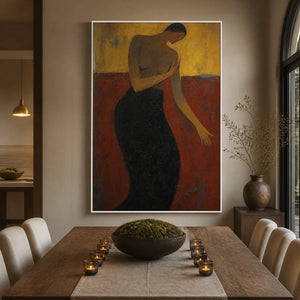 Crimson Poise in a refined dining room with white frame