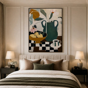 Checkered Still Life in a refined bedroom with black frame