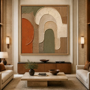 Earthen Archways in a refined hotel interior with wood frame