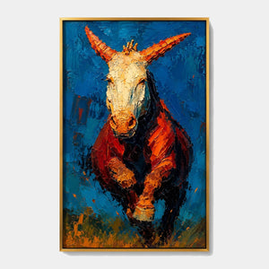 Bold expressionist horse painting with textured oil paint, blue background and orange accents