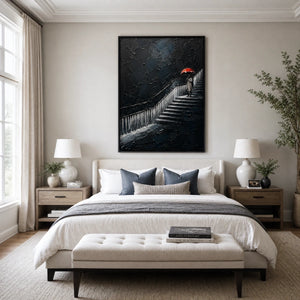 Ascent In Red in a refined bedroom with black frame