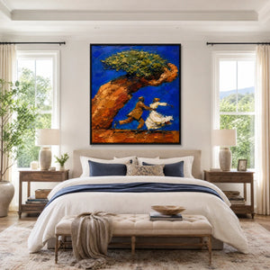 Beneath The Golden Tree in a refined bedroom with black frame