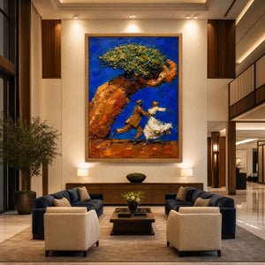 Beneath The Golden Tree in a refined hotel interior with wood frame