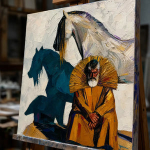 Close-up detail of Equestrian Shadow showing hand-painted texture and part of the frame
