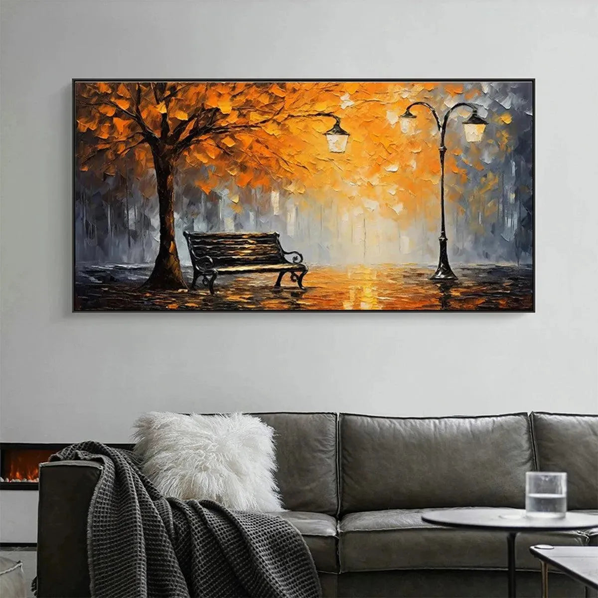 Autumn Park Bench original oil painting with impressionistic orange tree and streetlights above grey sofa.