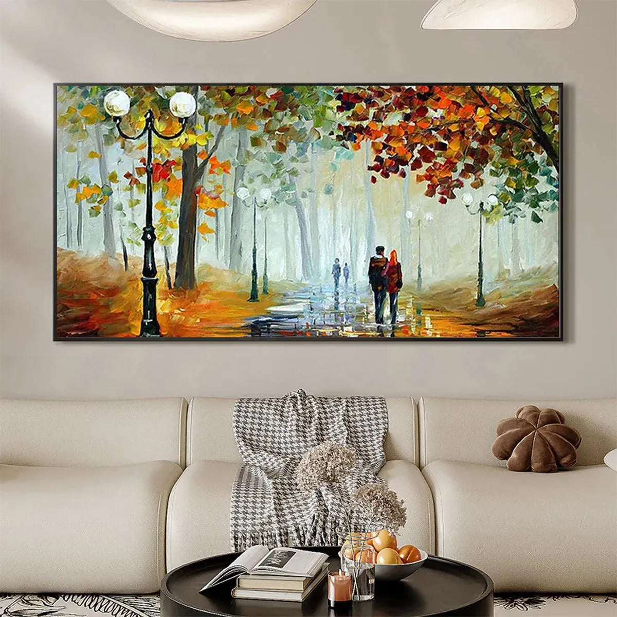 Autumn Park Stroll painting: couple walking on wet path with lampposts, vibrant fall foliage, impressionistic wall art.
