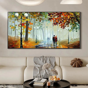 Autumn Park Stroll painting: couple walking on wet path with lampposts, vibrant fall foliage, impressionistic wall art.