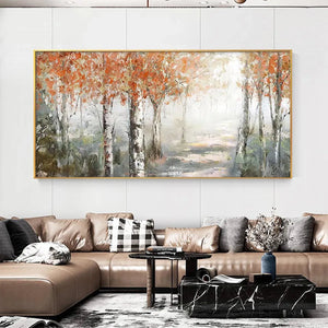 Autumn Whispers horizontal forest painting: birch trees with orange leaves, misty path, serene woodland scene in black frame.