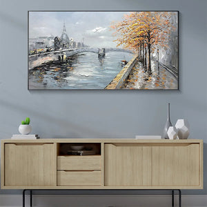 Autumnal River Walk: Panoramic Cityscape Oil Painting with River and Trees on Canvas