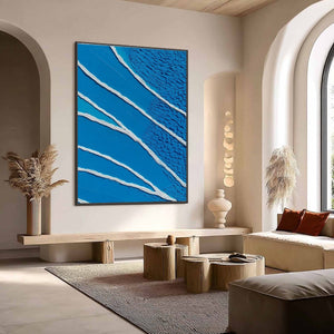 Azure Current abstract oil painting: textured blue with impasto white lines, modern wall art.