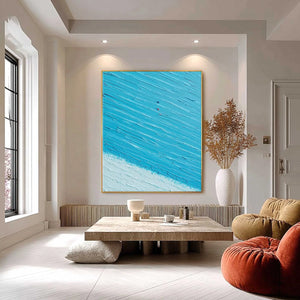 Azure Drift: textured abstract oil painting of turquoise beach waves, modern wall art.