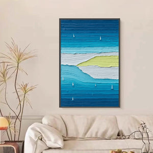 Original textured abstract oil painting of blue seascape with sailboats. Modern wall art.