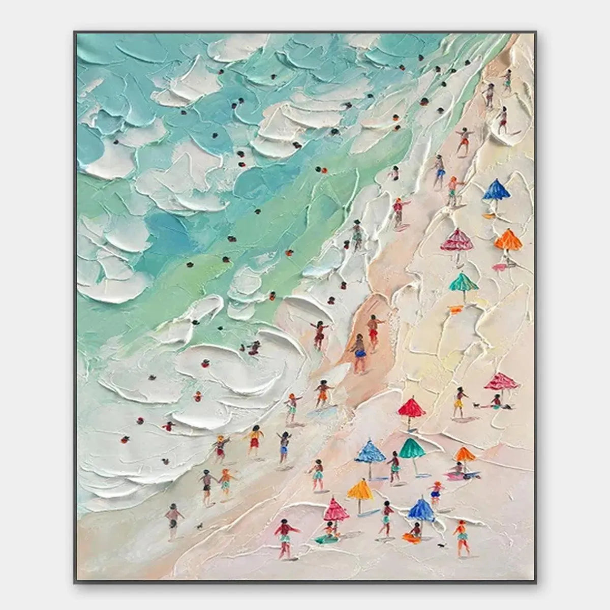 Textured impasto beach scene painting with colorful umbrellas and people. Vertical art by Isabella Rossi.