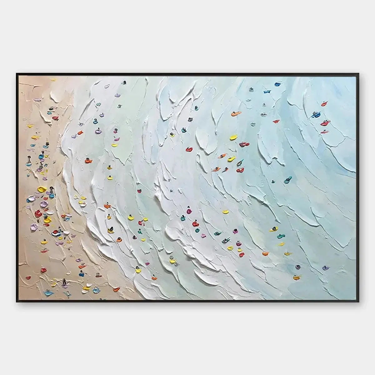 Javier Ramirez "Beach Day" textured minimalist beach scene painting with colorful umbrellas in a black frame.