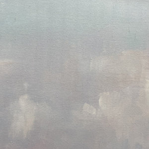 Beach Grass Panoramic oil painting artwork showcasing tall wispy grass, sand, calm ocean, and sky.