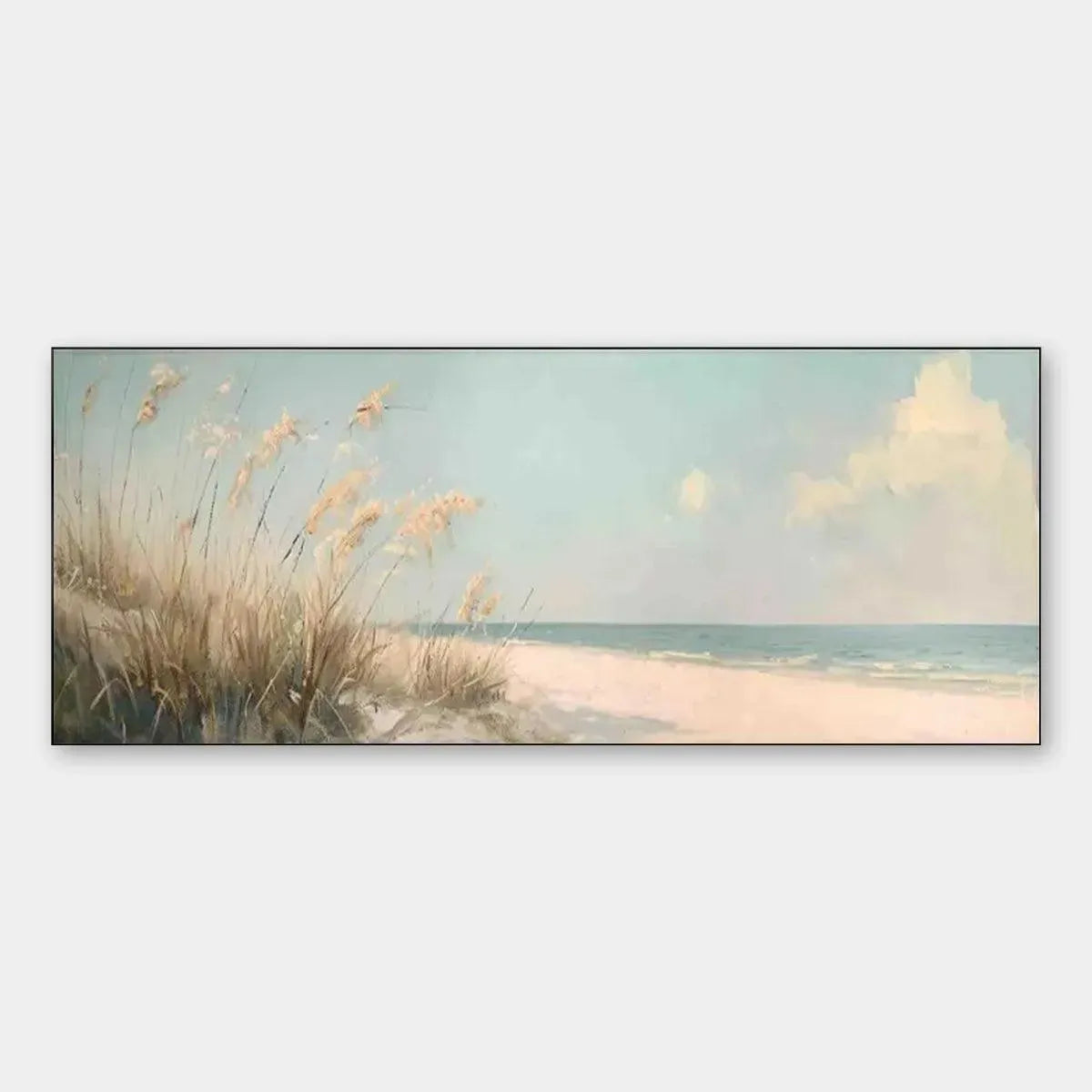 Beach Grass Panoramic oil painting artwork showcasing tall wispy grass, sand, calm ocean, and sky.