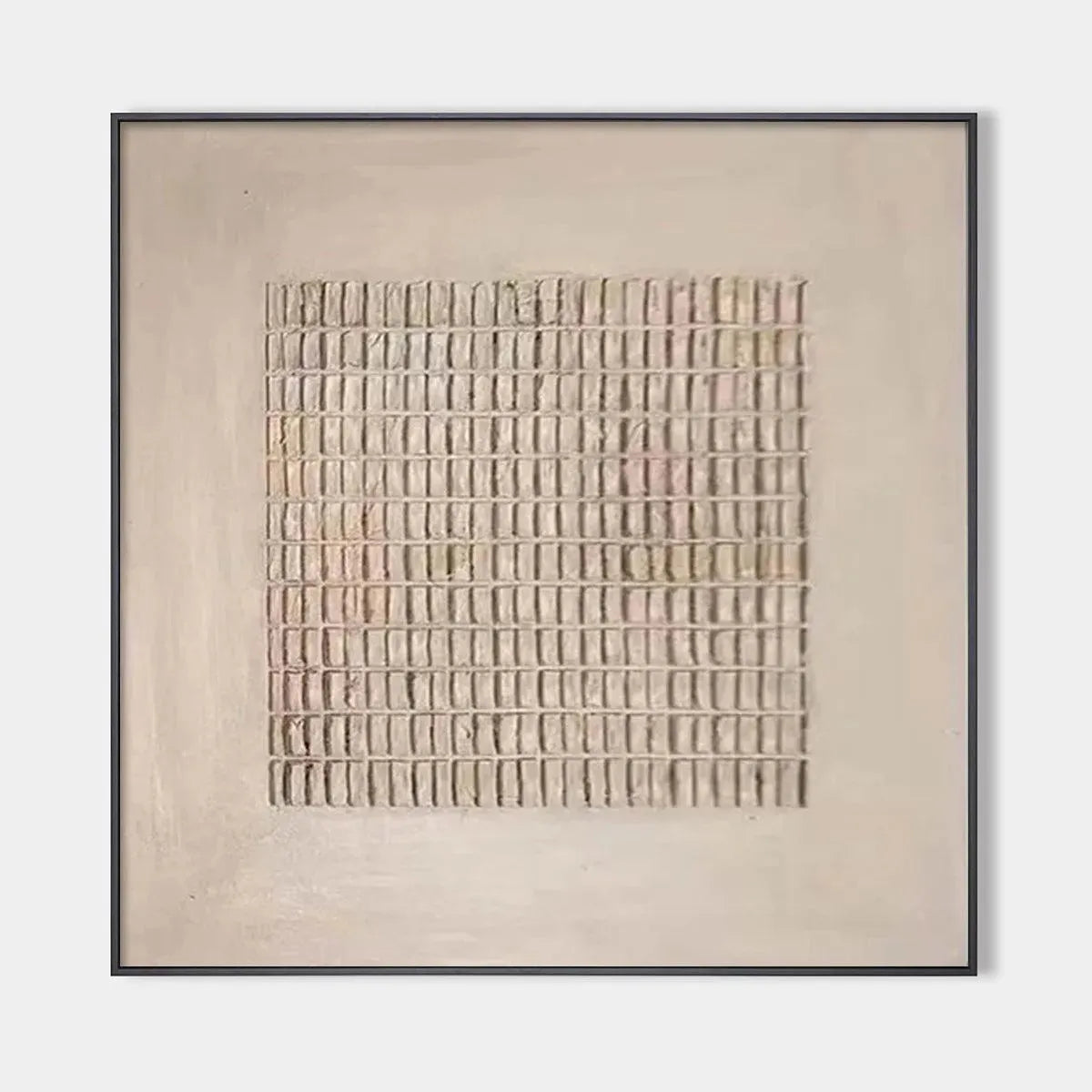 Beige Grid minimalist textured painting by Javier Ramirez, featuring a subtle grid pattern in a black frame.