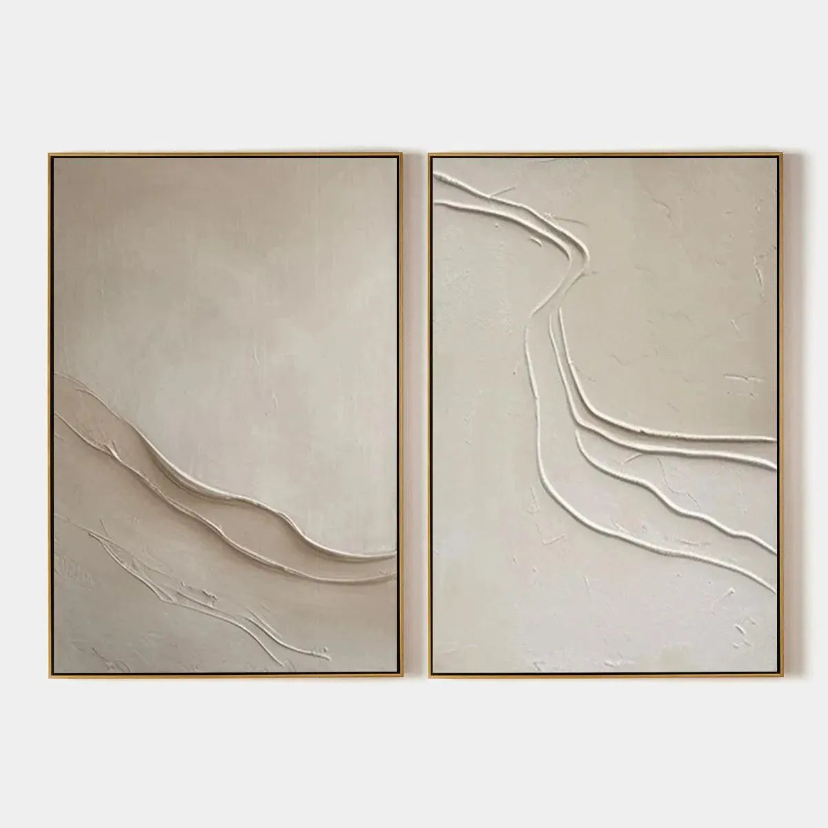 Beige Textured Abstract Diptych wall art set of 2, showcasing raised textured lines in a minimalist design.