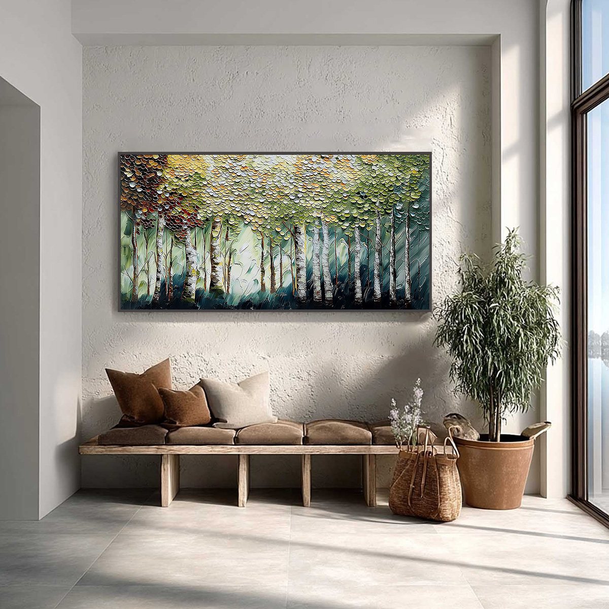 BIRCH SYMPHONY: Heavy Texture Palette Knife Forest Painting