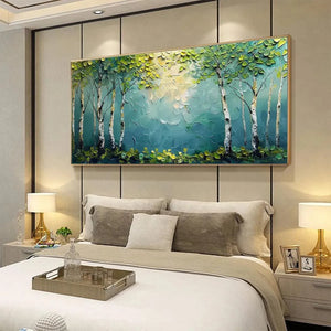Textured Forest Painting, Impasto Wall Art, Horizontal Canvas, Birch Tree Decor
