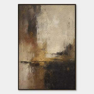 Abstract dark lake wall art with beige, black and gold textured brushstrokes