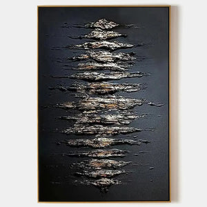 Black and gold abstract textured painting with metallic gold strokes on black background, vertical art for living room.