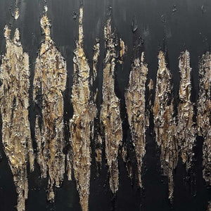 Black and gold abstract textured painting with metallic gold strokes on black background, vertical art for living room.