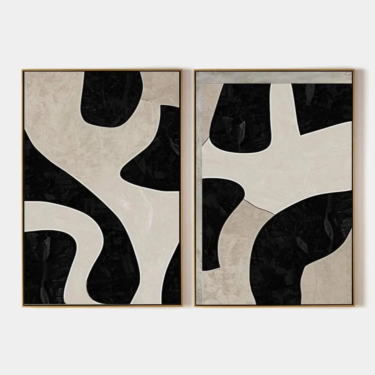 Black and beige abstract diptych painting set of 2, vertical wall art by Javier Ramirez showcasing flowing organic shapes.