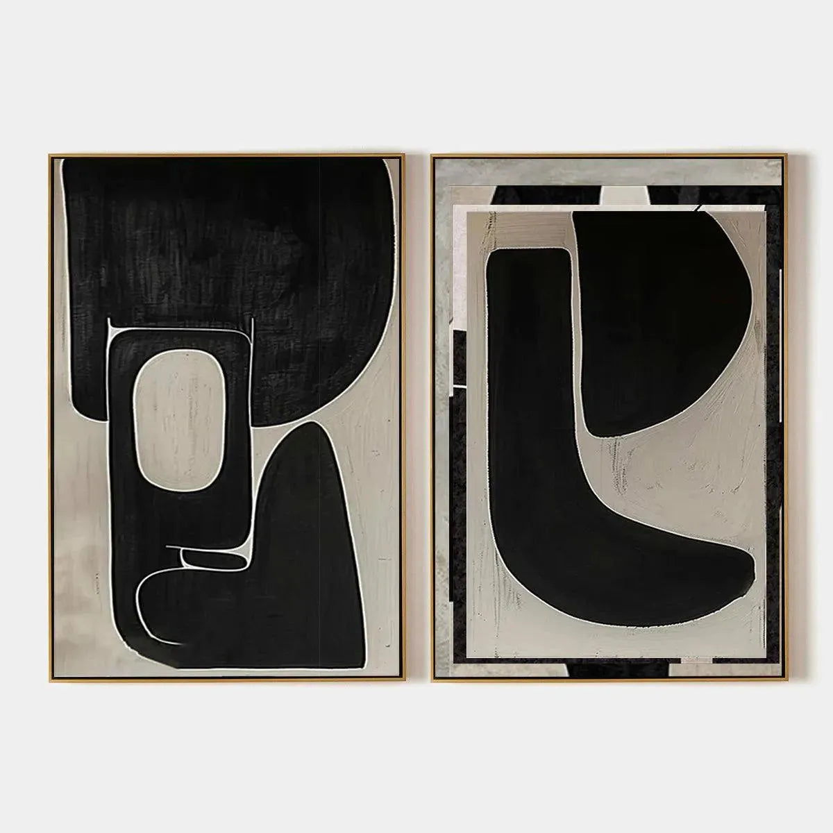 Black and beige minimalist abstract wall art diptych, vertical geometric shapes in gold frames.