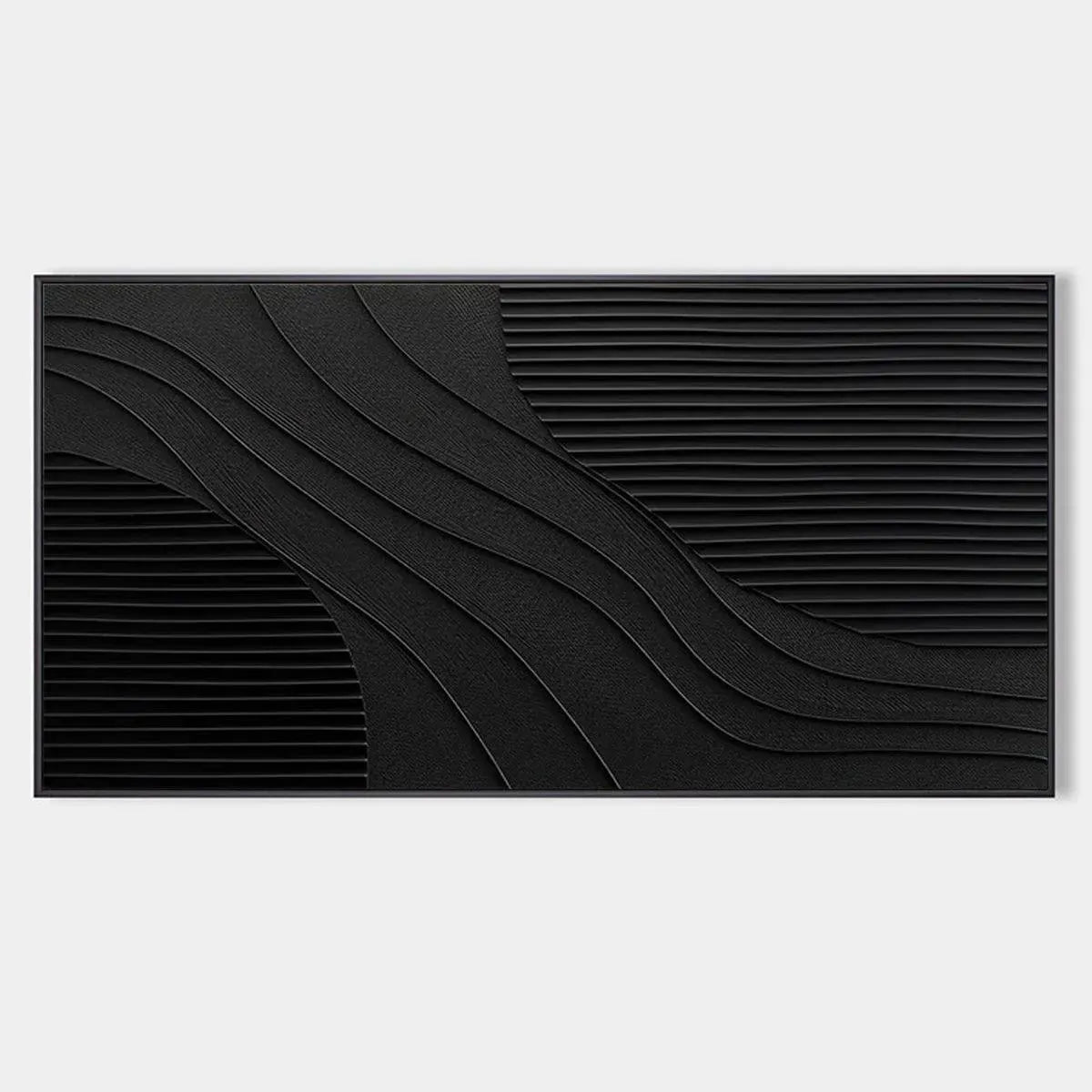 Black Texture minimalist painting with wave-like ridges and linear texture, horizontal.