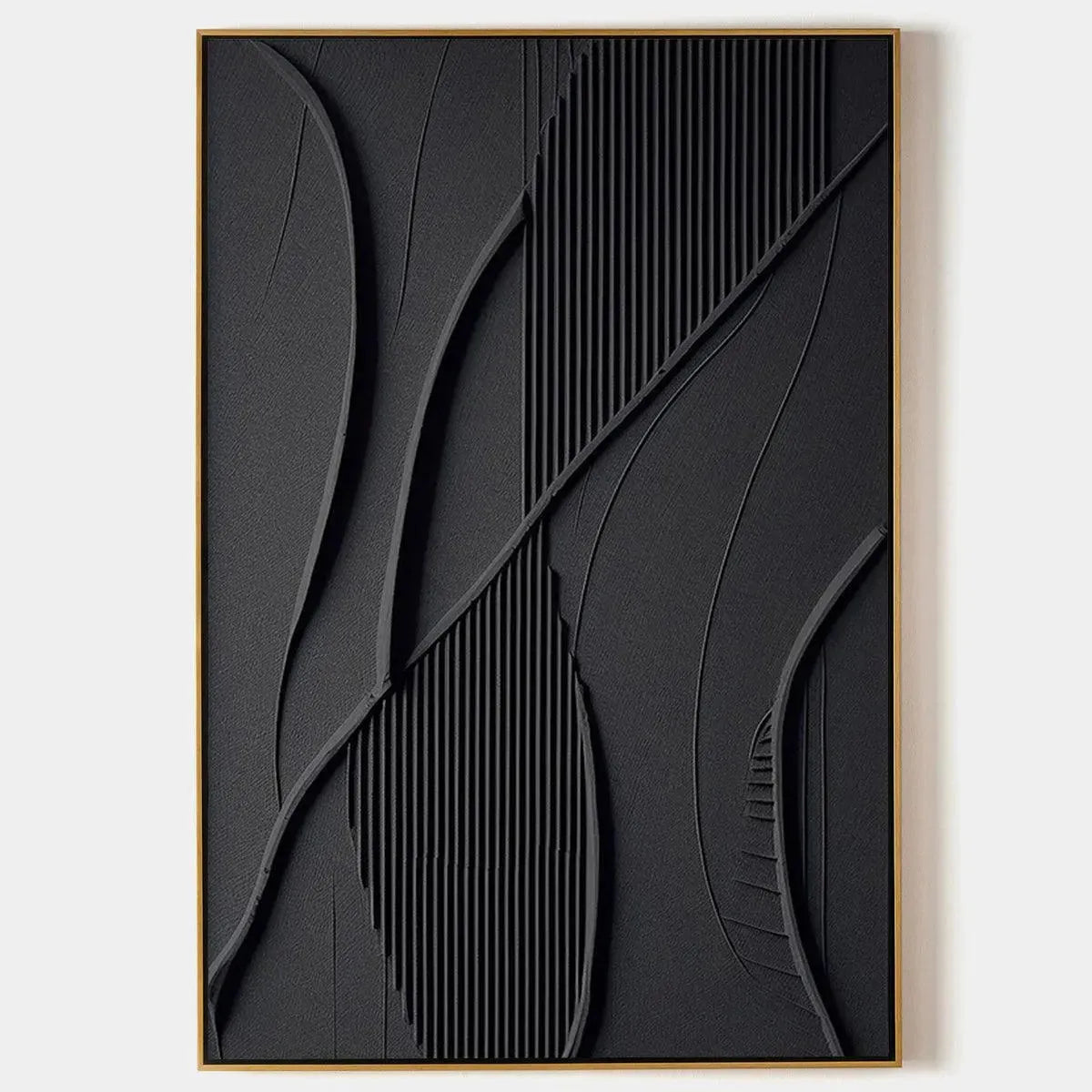 Black Textured Abstract painting by Javier Ramirez with gold frame, minimalist artwork for modern interior