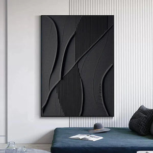 Black Textured Abstract painting by Javier Ramirez with gold frame, minimalist artwork for modern interiorartwork