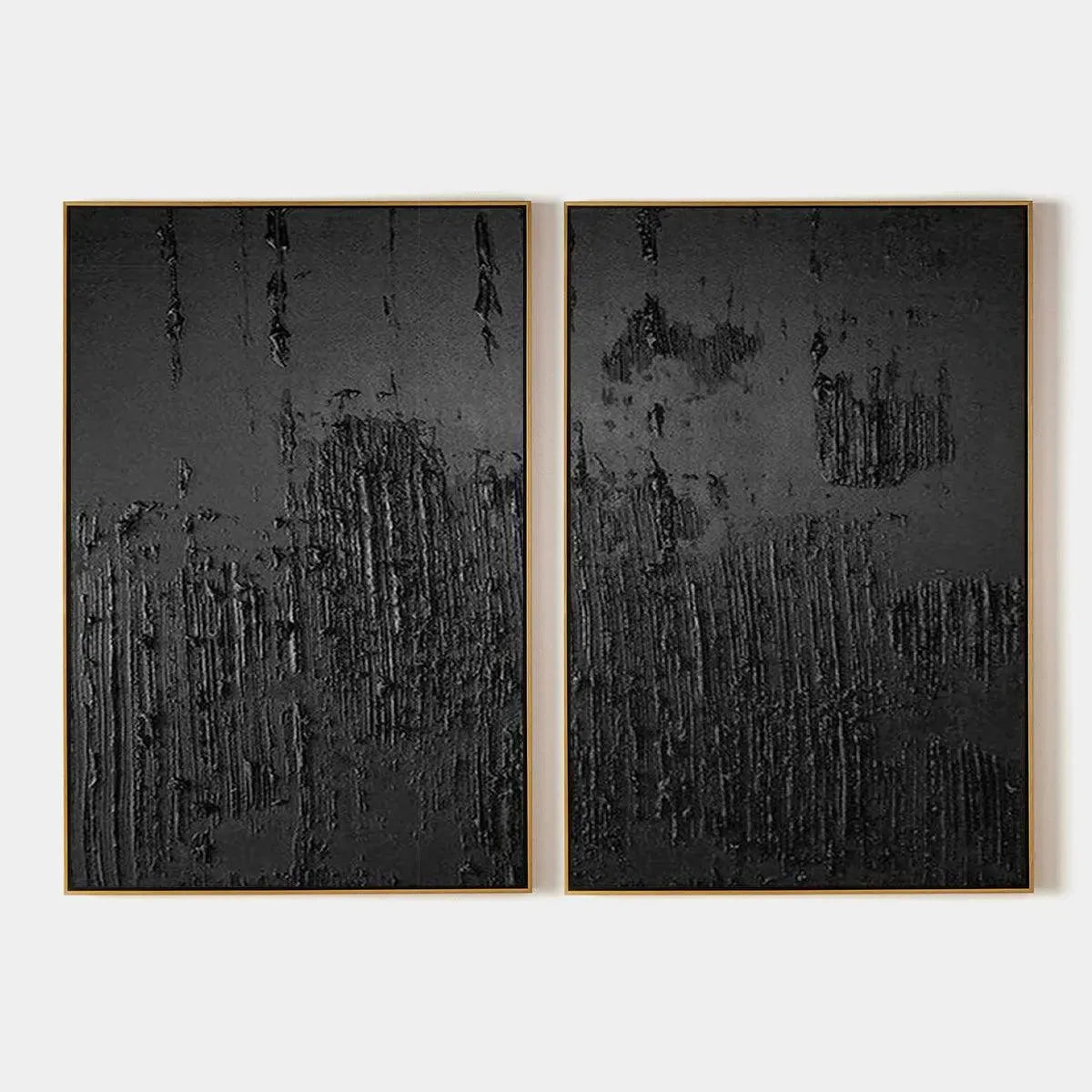 Black Textured Diptych by Liam O'Connell: Set of 2 abstract black paintings with gold frames and textured surface