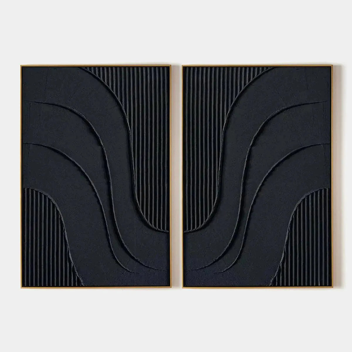 Black Textured Waves Diptych, Liam O'Connell's abstract art set of two, deep black textured waves, vertical wall art.