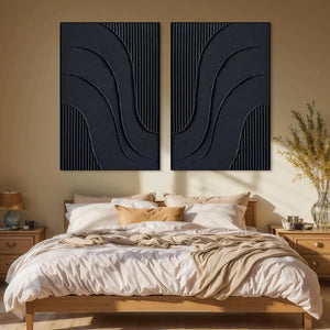 Black Textured Waves Diptych, Liam O'Connell's abstract art set of two, deep black textured waves, vertical wall art.