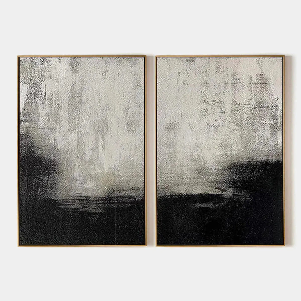 Black and White Abstract Diptych by Liam O'Connell. Textured abstract painting set of 2, vertical wall art with gold frame.