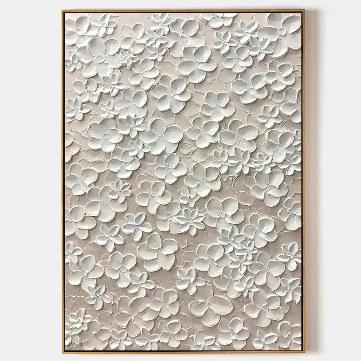 Blanc Bloom: textured white floral impasto painting with 3D effect, gold frame. Elegant and romantic artwork for bedrooms.