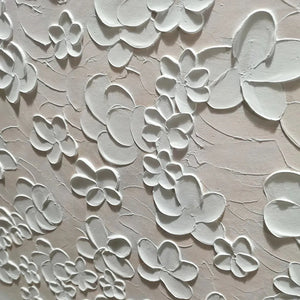Textured White Floral Painting, Horizontal Canvas, Minimalist Wall Art